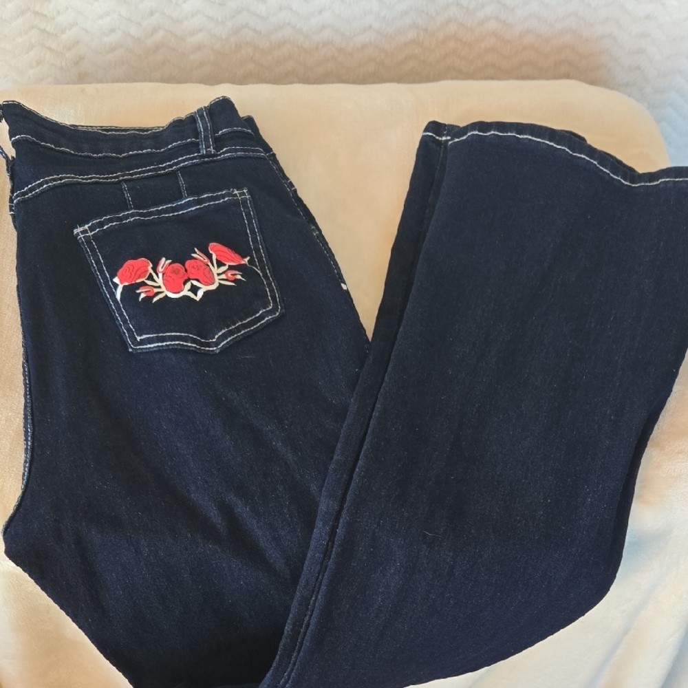 Dark Blue Jeans With Roses And Horses Appligue's.